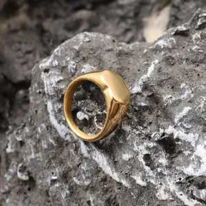 Primer plano de un anillo de sello de acero dorado sobre una piedra