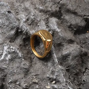 Primer plano de un anillo de acero inoxidable dorado con diseño orgánico sobre fondo rocoso.