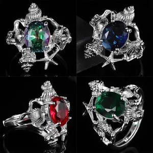 Ocean Theme Shell Starfish Adjustable Ring For Women Large Oval Gemstone Inlaid Artistic Copper Finger Jewelry Accessory