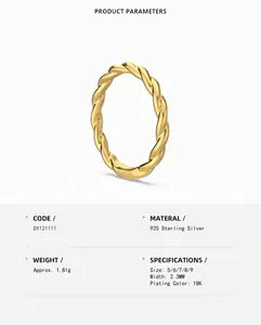 Detailed product parameters of the S925 sterling silver twisted ring with 18K plating