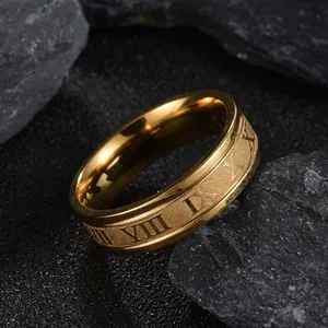 Vista detallada de un anillo de acero inoxidable dorado con números romanos grabados