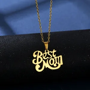 Close-up of golden stainless steel necklace with Best Mom pendant for Mothers Day