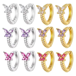 Set di orecchini a cerchio a farfalla con zirconi colorati placcati in oro e argento