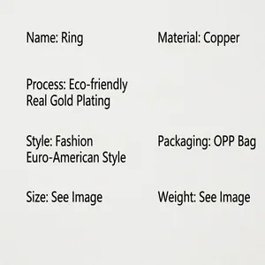 Product specifications and material details for fashion gold-plated copper open ring for women