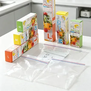 Set of multi-size transparent zipper food storage bags with clear demonstration labels.