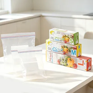 Detailed view of clear thick food storage zipper bags in S, M, and L sizes with packaging