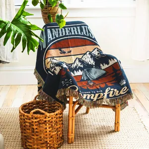 Bohemian Retro Camping Blanket Woven Throw With Tassels For Outdoor Picnic Sofa Bed Decor Wanderlust Design Polyester Cotton Blend