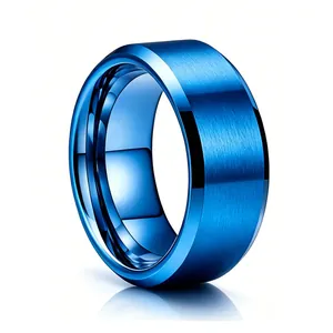 8mm electric blue brushed stainless steel men's ring featuring polished beveled edges