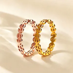 Women's Fashion Hollow Out Dollar Sign Ring Titanium Steel 18K Gold Plated Niche Design Personalized Coin Symbol Finger Ring Jewelry