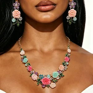 Elegante Collar Pendientes Pulsera Flor de Rosa Con Perla Artificial de Imitación Diamante de Imitación Esmalte Hoja Estilo Pastoral Romántico Colección Joyas Mujer