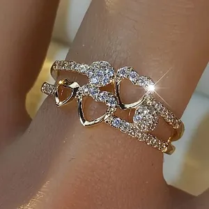 Light Luxury Double Layer Heart Ring For Women Copper Zirconia Inlaid Gold Silver Fashion Finger Jewelry Gift
