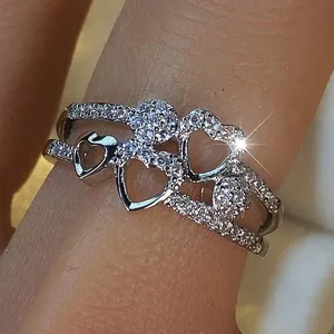 Elegant double layer heart ring with micro-paved zircon stones in silver finish