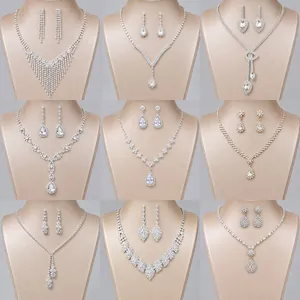 Luxurious Alloy Rhinestone Necklace And Earrings Jewelry Set Vintage Wedding Bridal Tassel Water Drop Pendant Jewelry