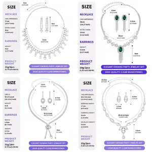 Detailed size chart for elegant bridal rhinestone jewelry sets with necklace and earrings