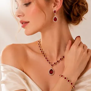 Elegant red rhinestone bridal jewelry set with necklace earrings and bracelet for weddings