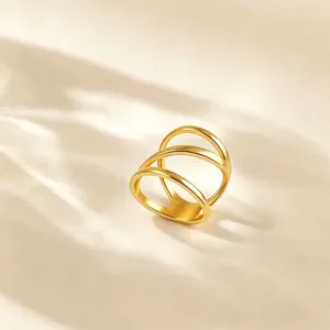 Macro detail of high polished 18k gold plated geometric triple layer titanium steel ring