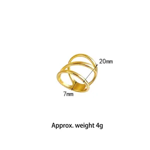 Triple-layer geometric gold-plated ring showing 20mm diameter and 4g weight detail.