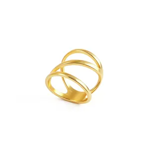 Detailed view of minimalist three-layer 18k gold-plated titanium steel geometric ring