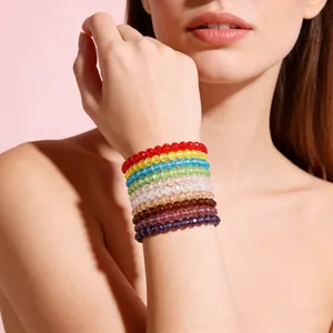 Stapelbare bunte Kristallglasperlen-Armbänder für Damen, elegantes Regenbogen-Schmuckset