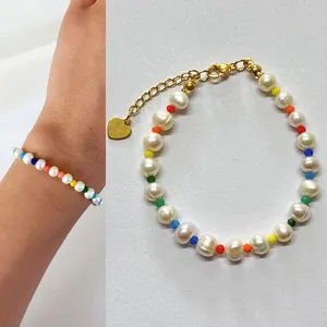 Bracelet en Perles d'Eau Douce Naturelles Fait Main Avec Perles de Rocaille Colorées Acier Titane Plaqué Or Réglable Bracelet Baroque Bijoux Femme