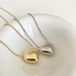 Minimalist Polished 3D Heart Pendant Necklace Alloy Snake Chain For Women Korean Style Fashion Jewelry Gift Gold Silver