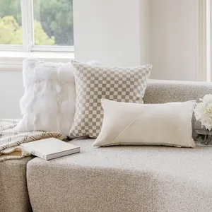 Detail view of decorative cushion covers in cream and checkered patterns on a sofa