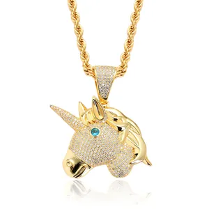 Gold-plated hip hop unicorn pendant necklace with full cubic zirconia