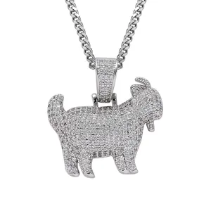 Iced out hip hop silver goat pendant necklace with sparkling cubic zirconia stones