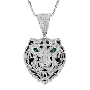 Collier avec pendentif tête de tigre hip-hop serti de zircons blancs et yeux verts