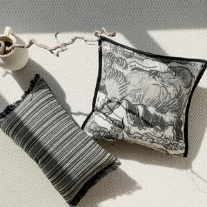 Detailansicht von Kissen mit Vintage-Druck und gestreiftem Lendenkissen mit Fransen
