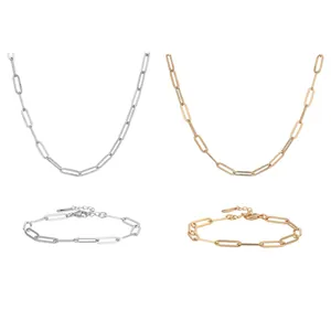 Stainless steel paperclip chain necklace and bracelet set in gold and silver finishes