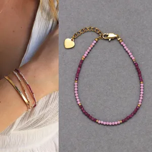 Bohemian Natural Stone Beaded Bracelet For Women Titanium Steel Gold Plated Layered Heart Pendant Adjustable Jewelry