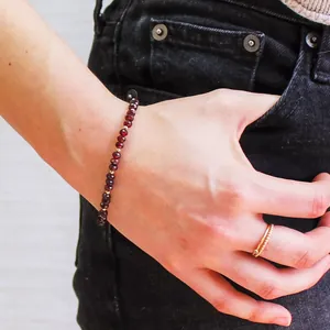 Bohemian dark red natural stone beaded bracelet for women featuring faceted garnet beads
