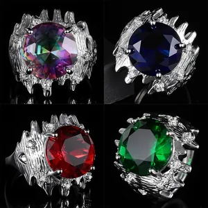 Bague Ajustable de Luxe avec Zircone Ronde pour Femme Texture de Lave Vintage Bijoux de Fête en Cuivre