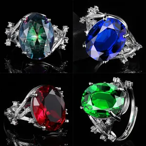 Vintage Exaggerated Copper Ring For Women Oval Synthetic Sapphire Ruby Emerald Branch Texture Adjustable Ring Jewelry
