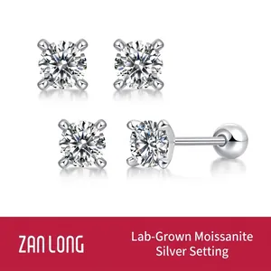 Pendientes de Botón de Plata de Ley 925 Moissanita Diamante de Laboratorio Unisex Bañado en Oro Blanco 18K Joyería Minimalista