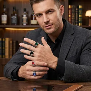 Vintage punk men's stainless steel rings featuring colorful gemstones and Masonic symbols