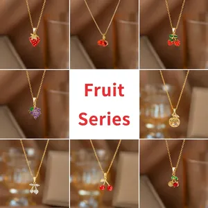 Titanium Steel Necklace With Copper Fruit Pendant Zirconia Enamel Strawberry Cherry Grape Clavicle Chain Jewelry For Women