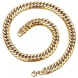 Detailed macro shot of a gold-plated stainless steel hip hop curb chain link