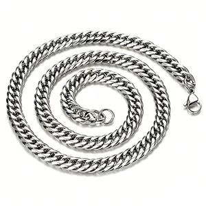 Detailed macro view showing the textured silver stainless steel Cuban link chain for men