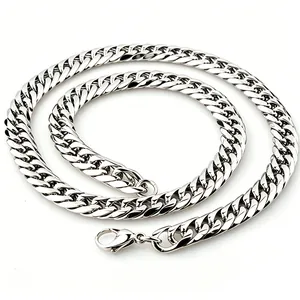 Close-up of polished stainless steel curb chain necklace for men in hip hop style