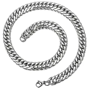 Stainless Steel Men's Cuban Link Chain Necklace Bracelet Hip Hop Punk Flat Curb Link Chain Silver Tone Jewelry Gift