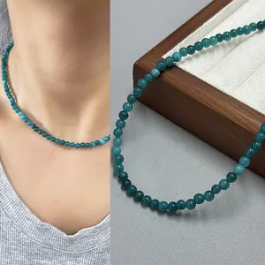 Collier Perlé En Apatite Bleue Naturelle Pour Femme Bijoux Minimalistes En Acier Titane Plaqué Or Avec Pendentif En Cœur Élégant