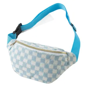 Blue and white checkered waist bag with adjustable strap for sports and travel.