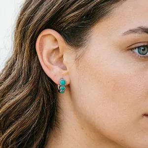 Close-up of S925 silver hoop earring featuring three vintage turquoise stones on ear.