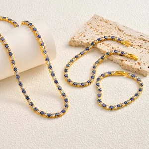Gold-plated evil eye tennis chain necklace and bracelet set with clear cubic zirconia