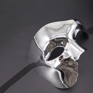 Silver phantom masquerade half face mask with high gloss metallic finish