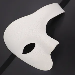 Detailed view of a white half-face Phantom of the Opera mask with antique cracked texture.
