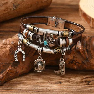 Bracelet bohème vintage en cuir multicouche avec turquoise et breloques argent