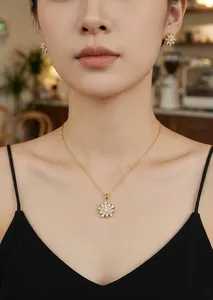 Elegant gold flower necklace and matching earrings jewelry set worn by an Asian model